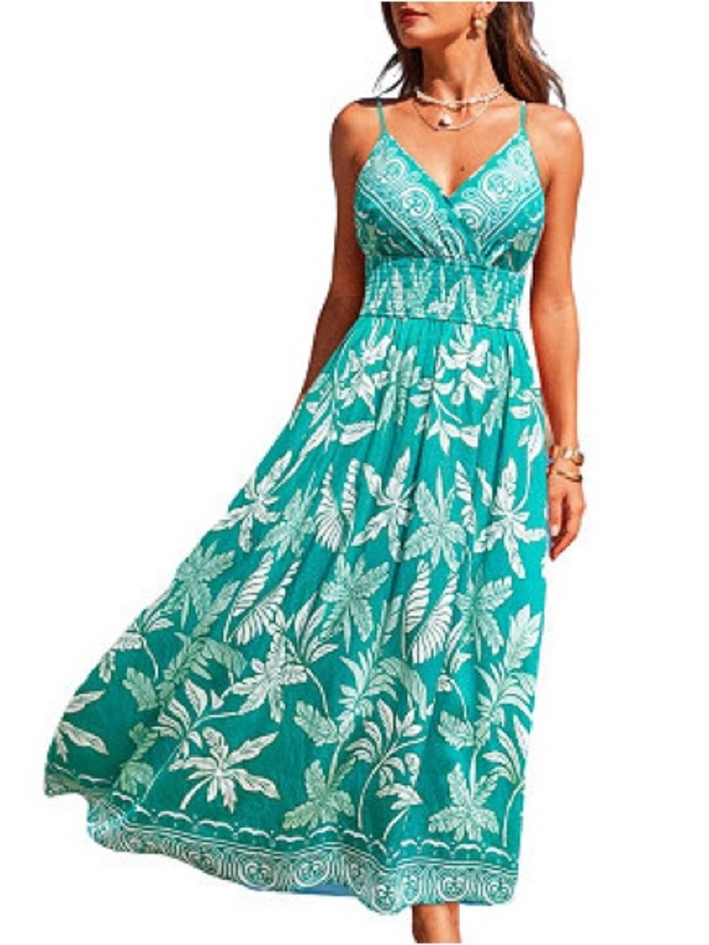 Cupshe Teal Floral Maxi Dress with Smocked Waist